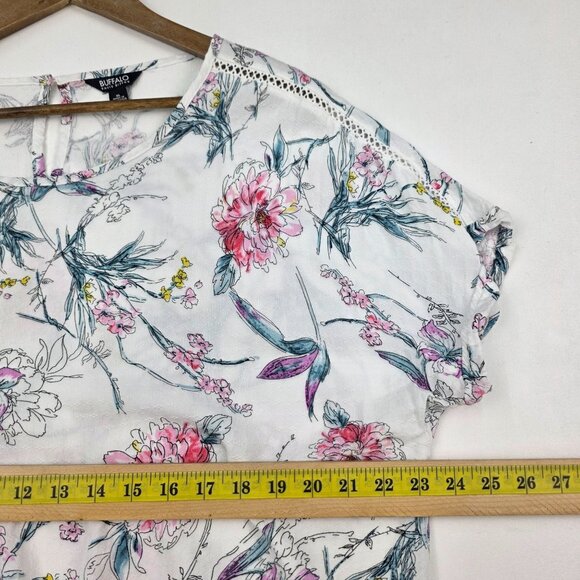 Buffalo David Bitton Womens XL Floral Tie-Front Top White Pink Short Sleeve - Picture 12 of 14